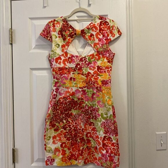 Guess Los Angeles Floral Watercolor Print Zip Front Dress Bow Back Size 8 - Picture 9 of 12